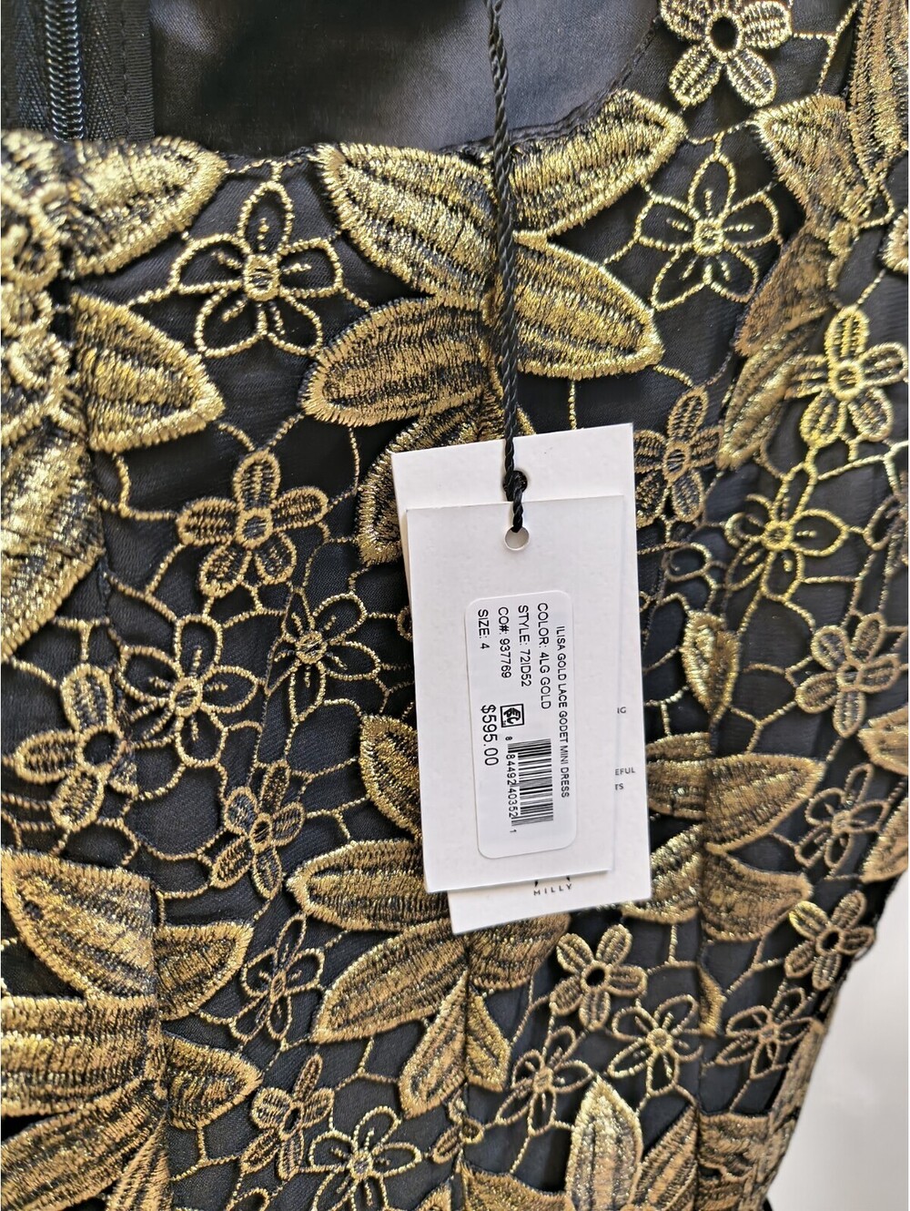 NWT MILLY Ilisa Lace Godet Mini Dress Size 4 Black Gold Scalloped Edge - Picture 8 of 9